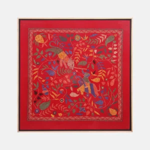 Red Nakshi Kantha Cotton Wall Hanging Tapestry with Frame